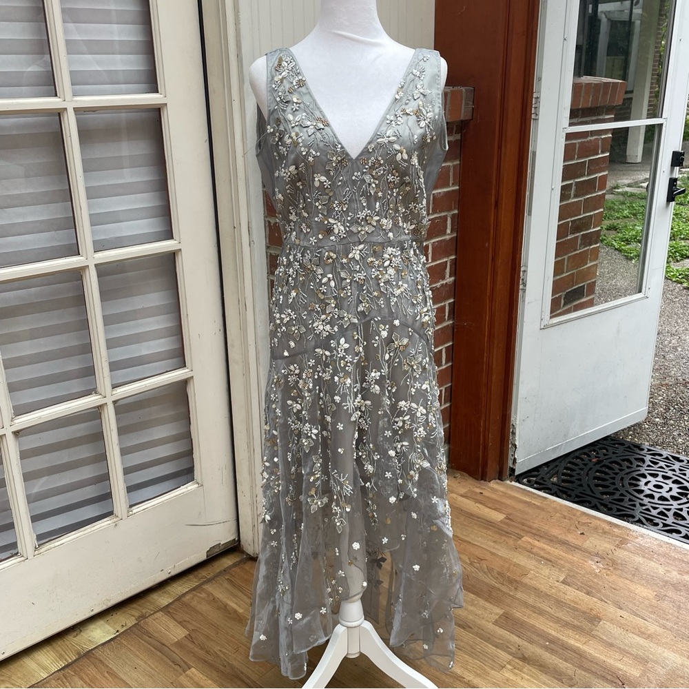 Elie Tahari Larsa Lace Illusion Beaded Platinum Gown Forma Dress MSRP $898 Sz 4
